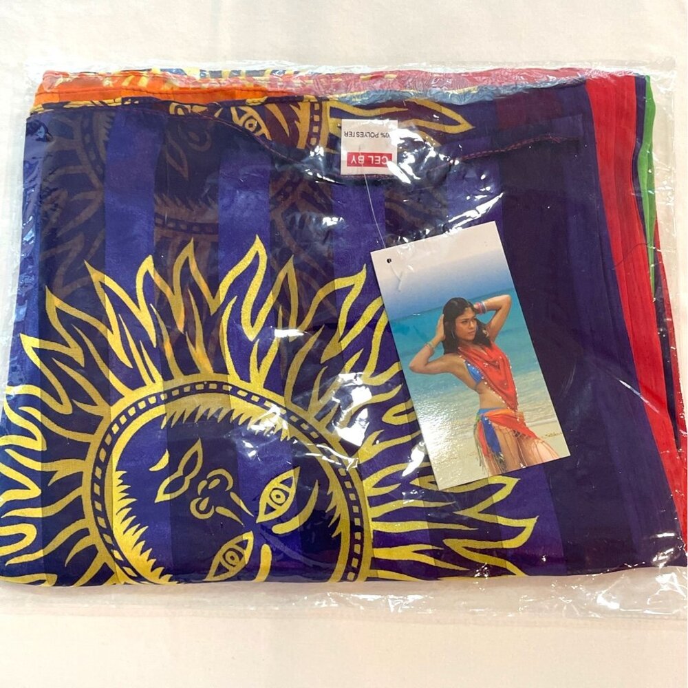 VTG 90s Boho Celestial Sun Sarong Rainbow Stripe Swimsuit Beach Cover up Wrap - Picture 12 of 12
